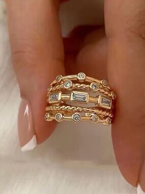18K Gold Plated Multi Row Statement Ring CZ Baguette Wide Band Modern Luxe